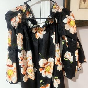 Zanzea Black Blouse with Orange Floral Design
